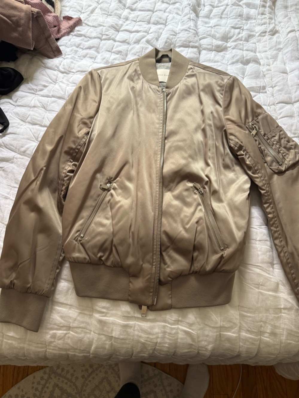 Babaton Satin Bomber Jacket in Taupe